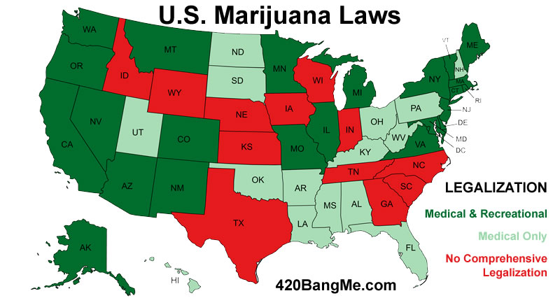 Legalization of Marijuana in the U.S. map showing states that have legalized medical and/or recreational marijuana.
